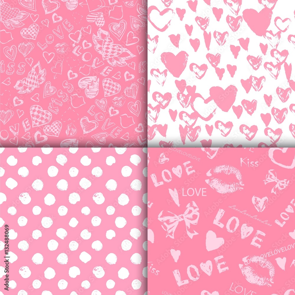 Set of Valentine's Day seamless patterns. Pink endless backgrounds with hearts.