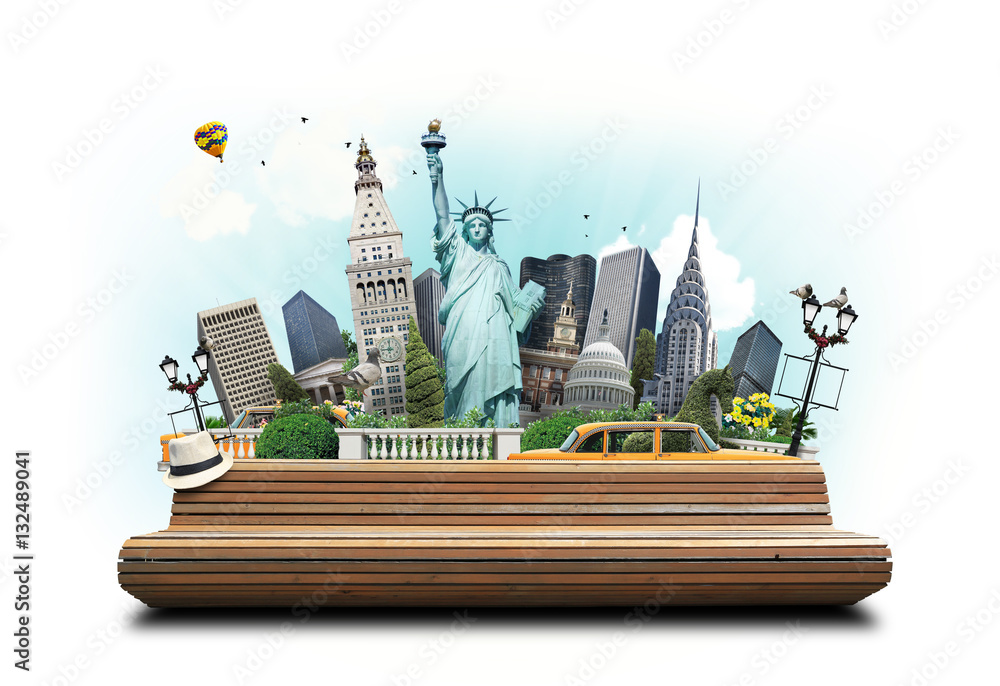 Obraz premium USA, classic yellow New York taxi and landmarks