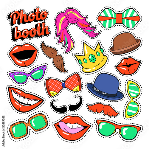 Photo Booth Party Set with Glasses, Mustache, Hats and Lips for Stickers and Props. Vector Doodle