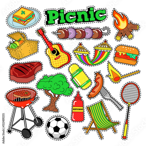 Picnic BBQ Doodle Stickers, Badges, Patches for Scrapbooking. Vector illustration