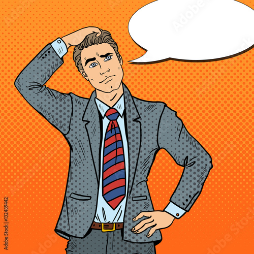 Pop Art Doubtful Businessman Making Decision. Vector illustration