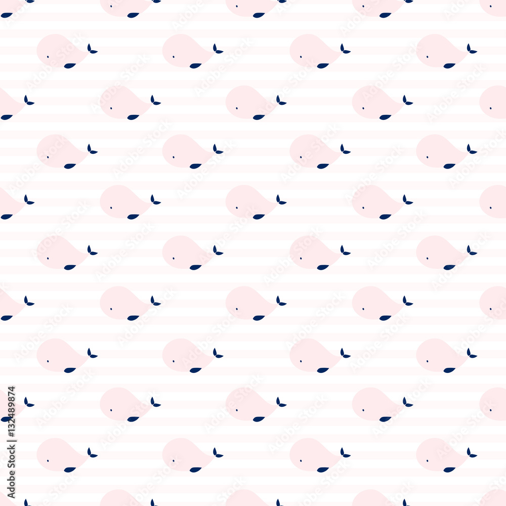 Cute whales geometric seamless pattern. Simple and gentle. Pastel pink and blue colors. Striped background. Cute whales geometric seamless pattern. Simple and gentle. Pastel pink and blue colors. Striped background.