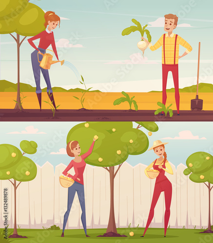 Cartoon Gardeners Illustration Set