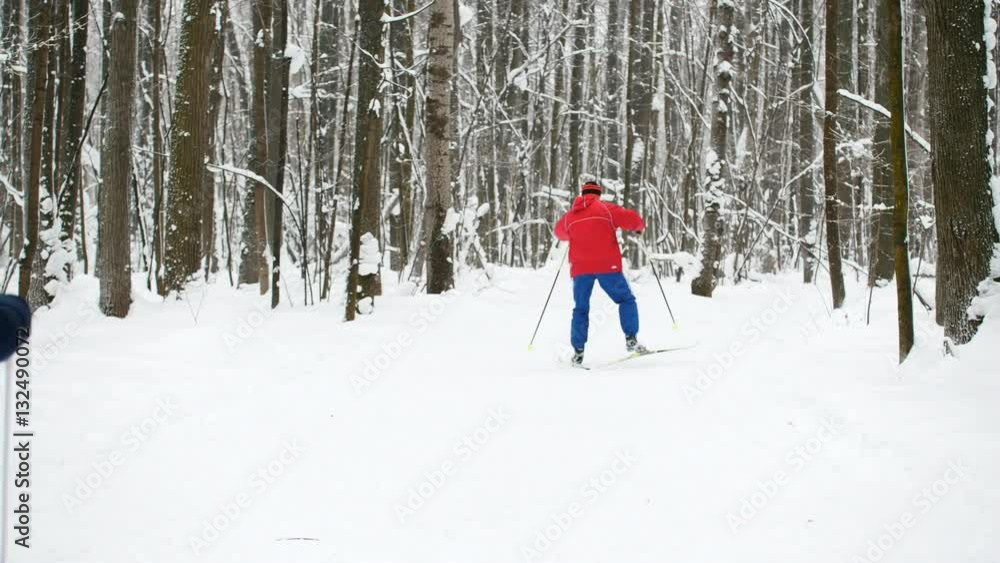 Winter Sport - skier in red suit slides in snow forest Winter Sport - skier in red suit slides in snow forest