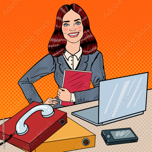 Pop Art Successful Business Woman at Office Work with Laptop. Vector illustration
