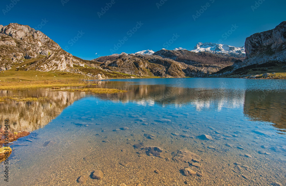 Beautiful mountain landscape with small lake in Picos de Europa, Spain
