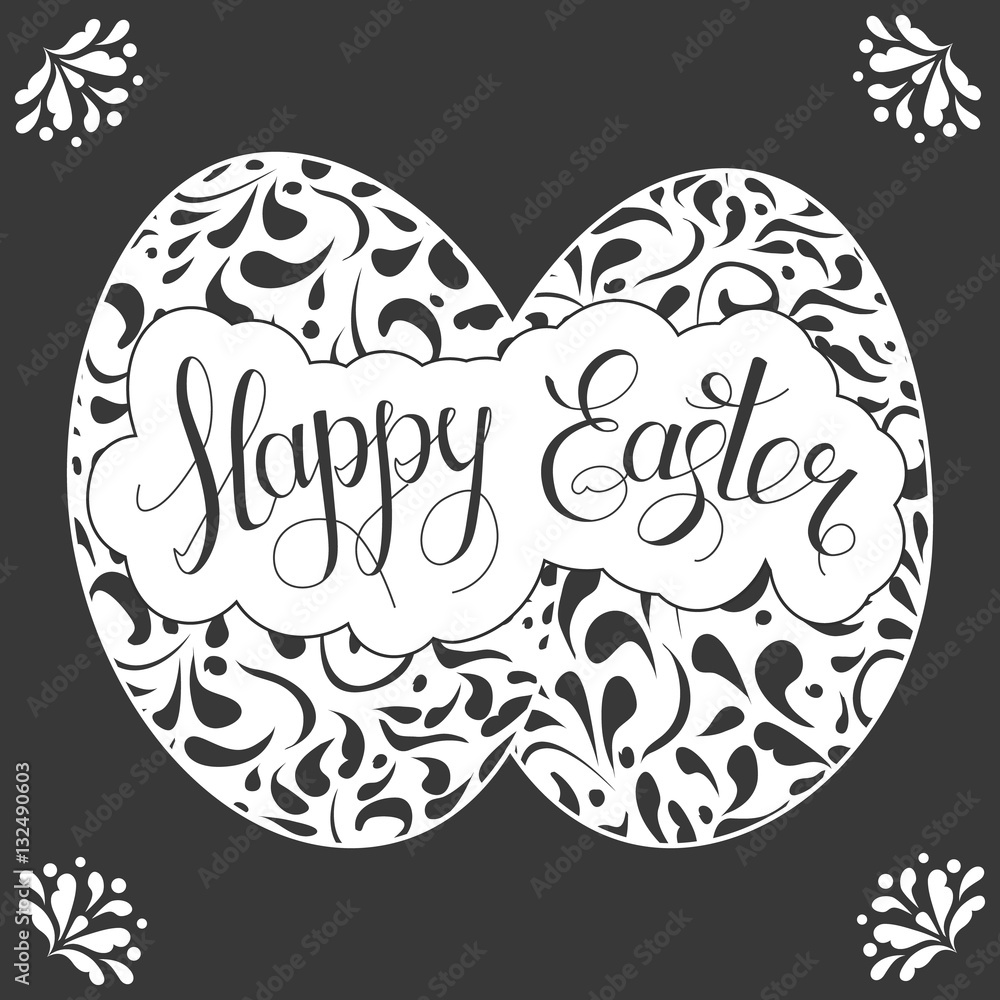Fototapeta premium Vector easter greeting black and white banner with happy easter lettering and patterned eggs