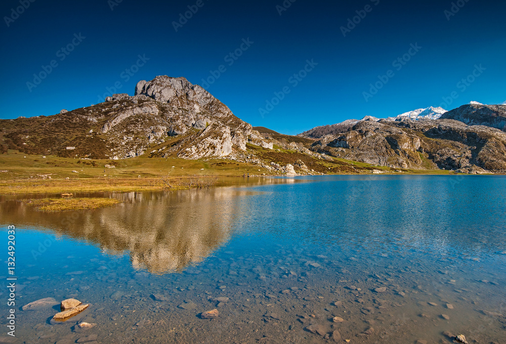 Beautiful mountain landscape with small lake in Picos de Europa, Spain