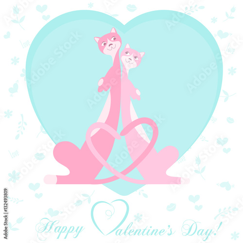 Banner Valentines Day with symbols hearts  cute cat and lettering for concept design poster  greeting card or invitation. Cartoon style. Vector illustration.