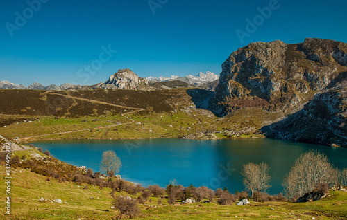 Beautiful mountain landscape with small lake in Picos de Europa  Spain
