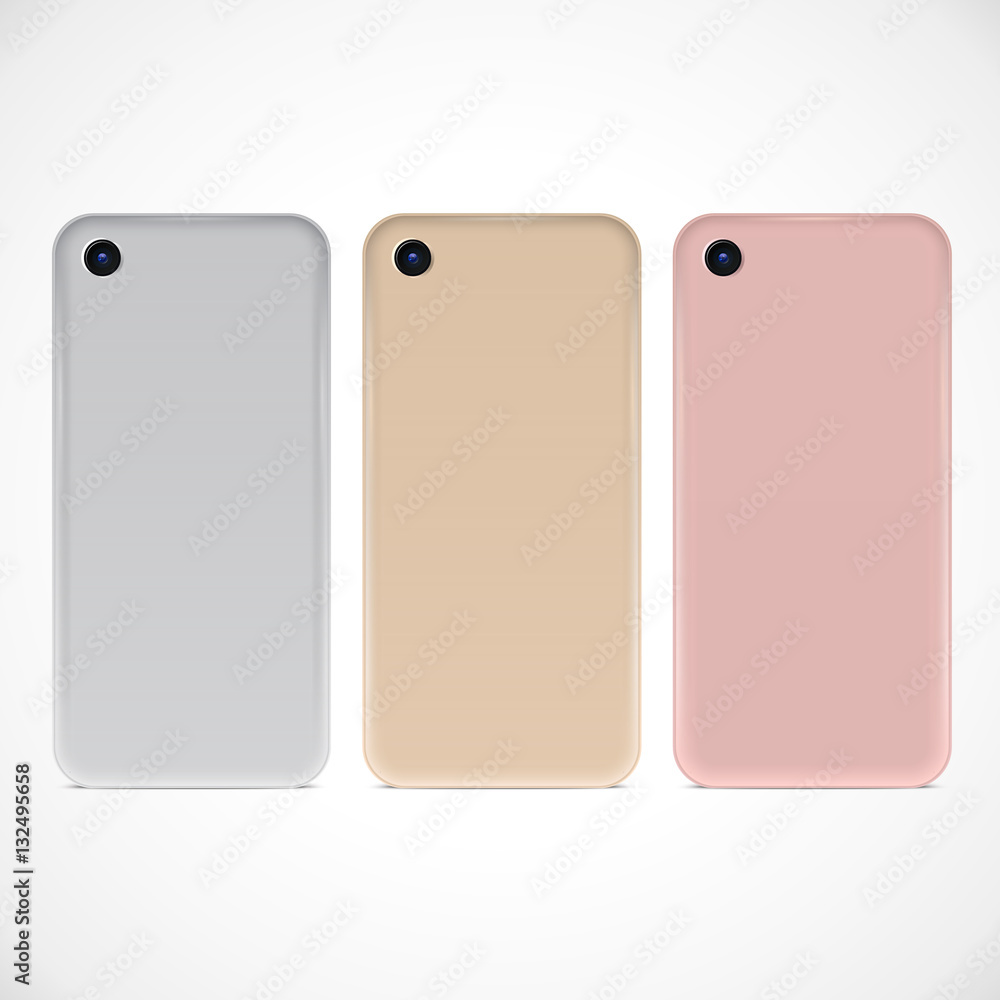 Silver, Golden and Rose Mobile Phones. Vector realistic illustration of back sides of three smartphones