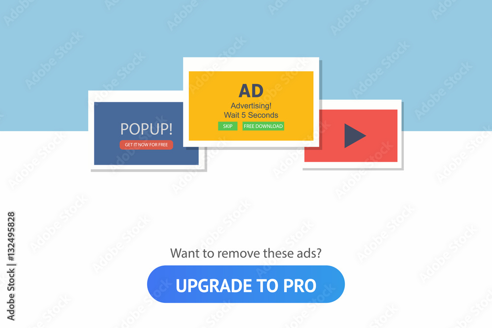 Vector flat illustration of Upgrade to Pro. Remove Ads. Premium features. concept Vector flat illustration of Upgrade to Pro. Remove Ads. Premium features. concept