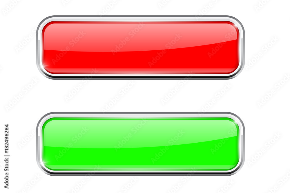 Square button. Red and green button with chrome frame Square button. Red and green button with chrome frame