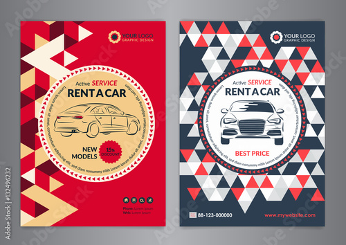 Rent a car business flyer template. Auto service Brochure templates, automobile magazine cover, size A4, abstract triangle Modern Backgrounds. Vector illustration.