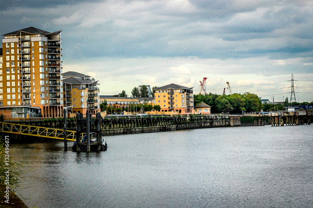 View of High rise apartments on the banks of Thames river