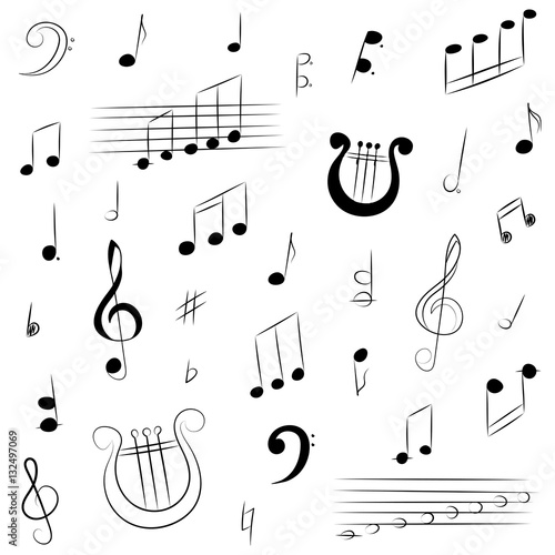 Hand Drawn Set of  Music Symbols.  Doodle Treble Clef, Bass Clef, Notes and Lyre. Vector Illustration.