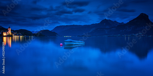 View on the lakefront of the city of St. Wolfgang, Austria in blue hour