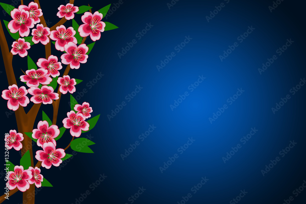 Branches of apple-tree with flowers and leaves on the abstract blue background Branches of apple-tree with flowers and leaves on the abstract blue background