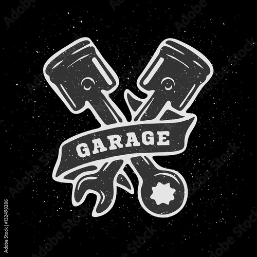 Pistons and spanners, hand drawn auto emblem.