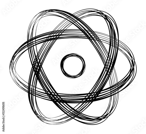 Atomic symbol with black lines. Many overlapping strings produce a dynamic sign. Nucleus in the middle with three ellipses as atomic shell. Abstract isolated illustration on white background. Vector.