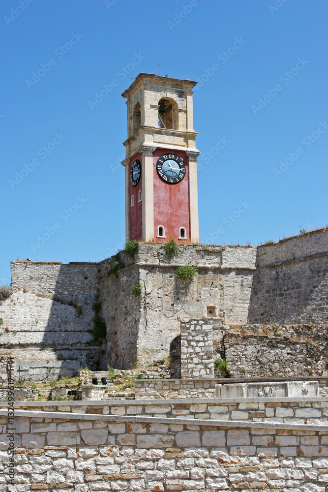 Clock tower on the Old Fortress of Corfu. Greece.