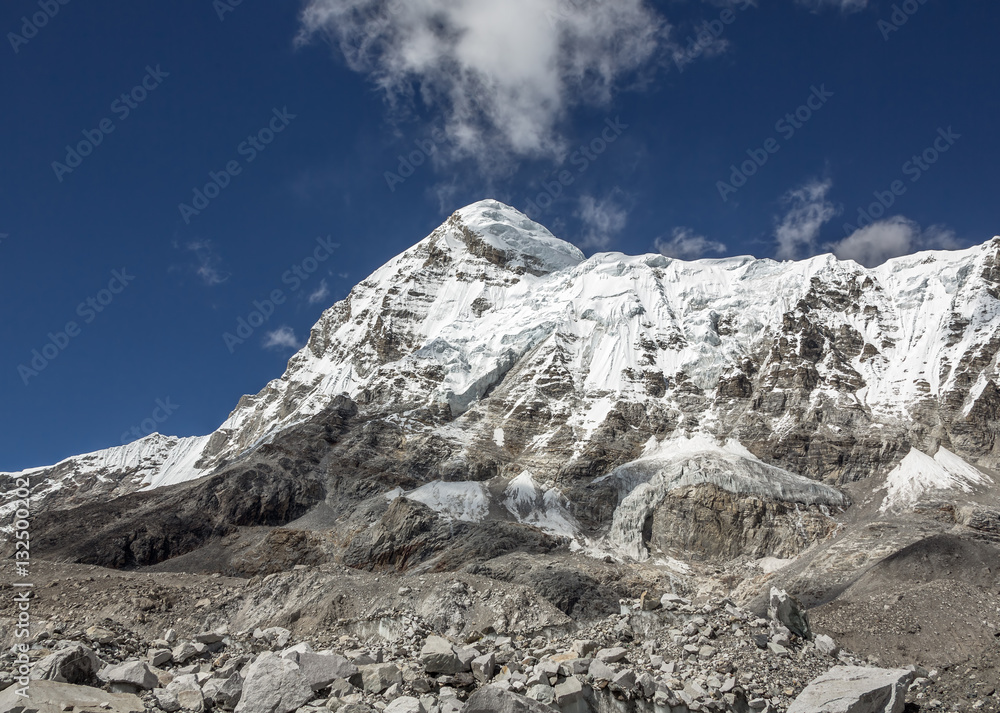 View of massif of the peak Pumo Ri (7165 m) from Khumbu glacier (Everest Base Camp) - Nepal, Himalayas