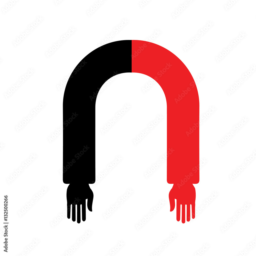 Black and red horseshoe magnet with human hands. Black and red horseshoe magnet with human hands.