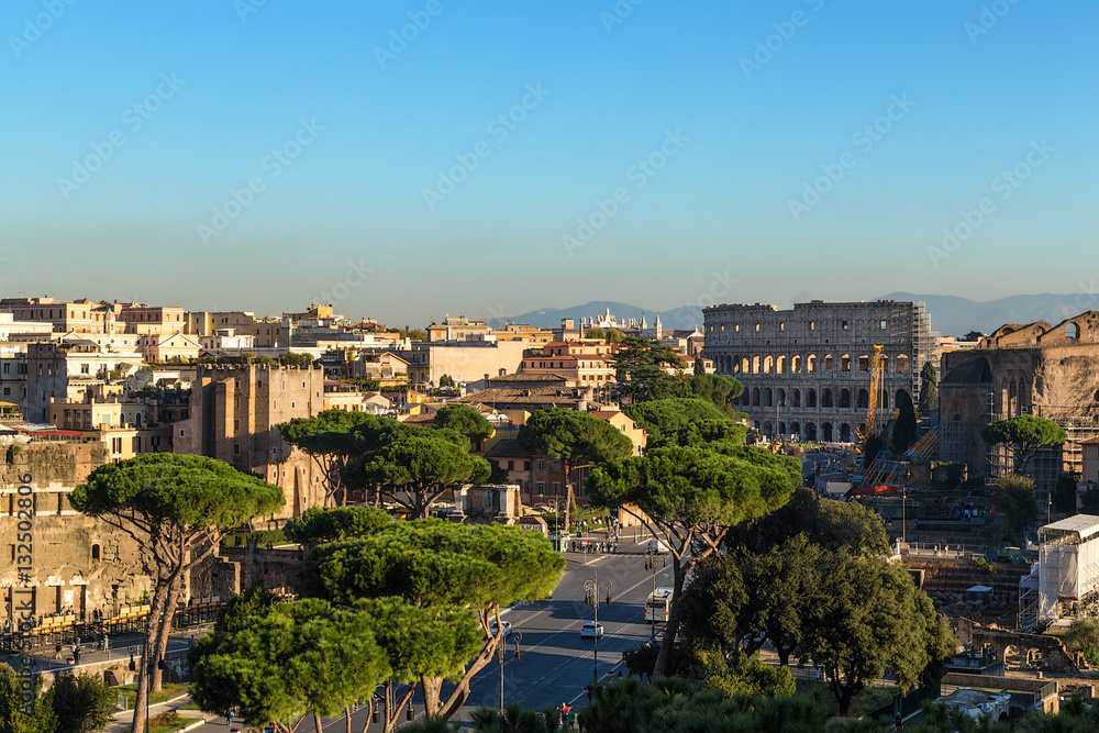 Rome, Italy. View from Capitol Hill Colosseum and the Imperial Forum Street