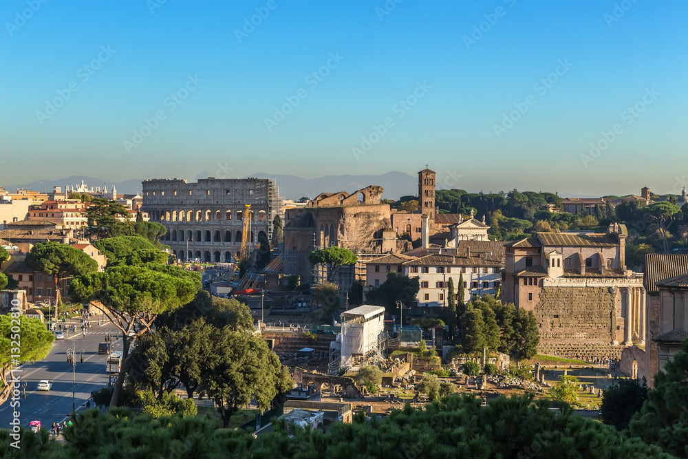 Rome, Italy. View Colosseum and Roman Forum from Capitol Hill 
