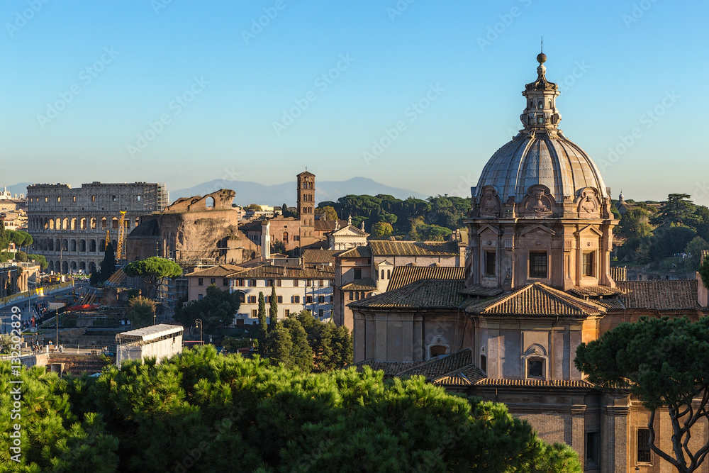 Rome, Italy. View from Capitol Hill: the Colosseum, the Roman Forum, the church of Santi Luca e Martina,
