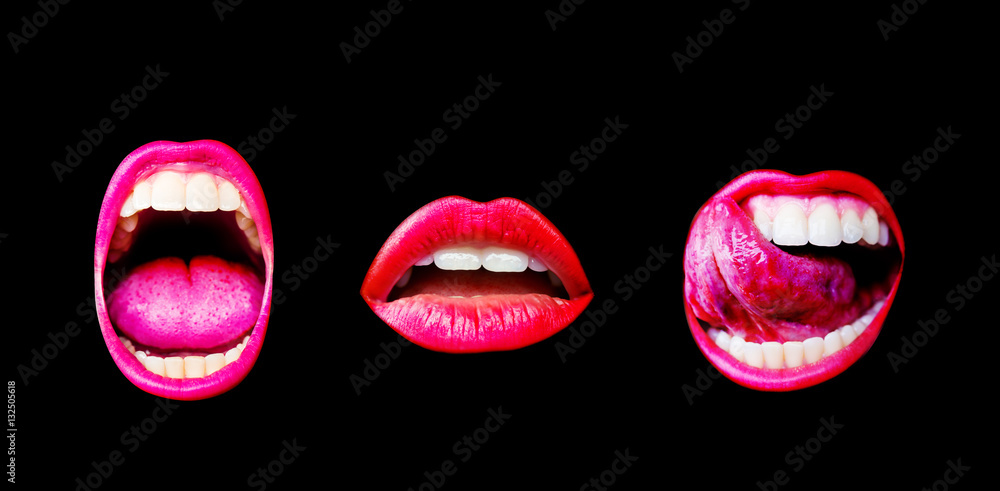 Fototapeta premium Set of three sexy female lips with different emotions isolated on black background. Lips, tongue and teeth of a young girl with a pink lipstick. Creek, desire and passion through the female's mouth