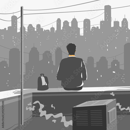 A Man Sitting on Roof of a Skyscraper Vector Illustration