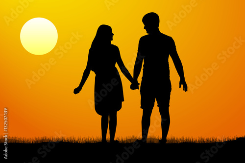 Silhouettes of men and women standing and holding hands at sunset. Vector illustration
