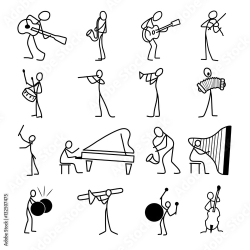 Cartoon icons set of sketch stick musician figures in cute miniature scenes.