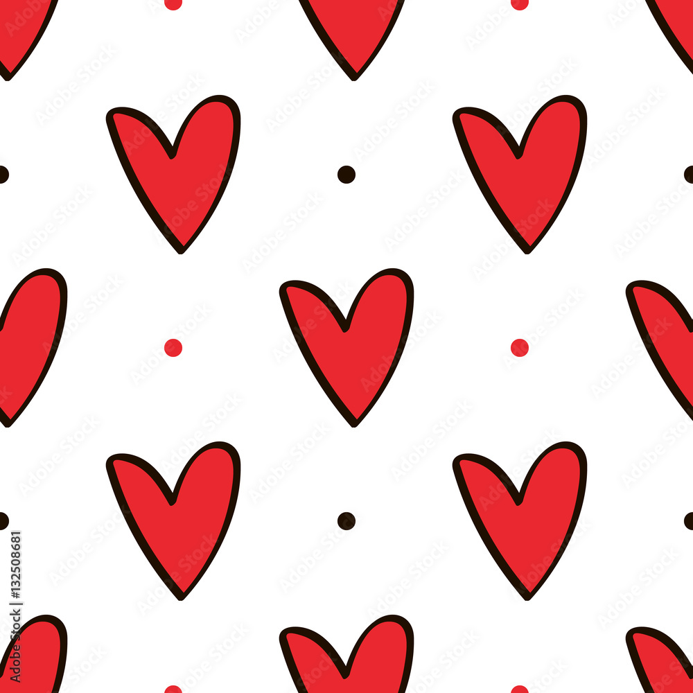Cute hand drawn, doodle hearts and dots seamless pattern background.
