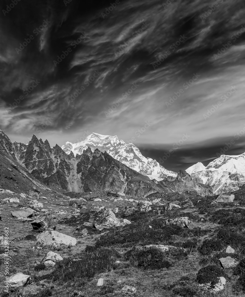 Mountain landscape on the background of the peak of Gyachung Kang (7012 m) - Gokyo region, Nepal, Himalayas (black and white)