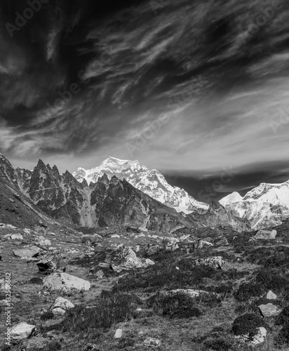 Mountain landscape on the background of the peak of Gyachung Kang (7012 m) - Gokyo region, Nepal, Himalayas (black and white)