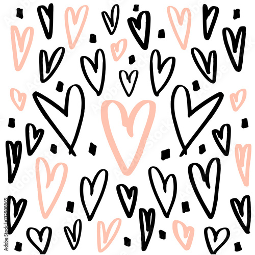 Hearts background made with brush. Expressive romantic hand drawn hearts. Vector Illustration.