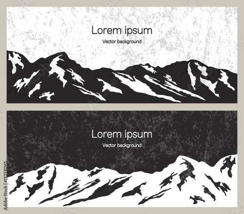 Mountain range banners. Outdoor and travel concept for advertising. Set of vector illustration in black and white.