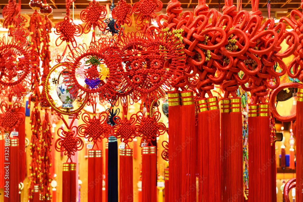 Traditional Chinese new year decorations. Chinese red market decorations.  Stock Photo | Adobe Stock
