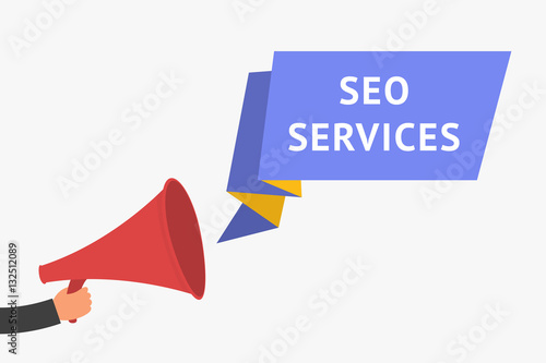 Illustration of human hand holding megaphone with SEO SERVICES offer announcement © Sughra