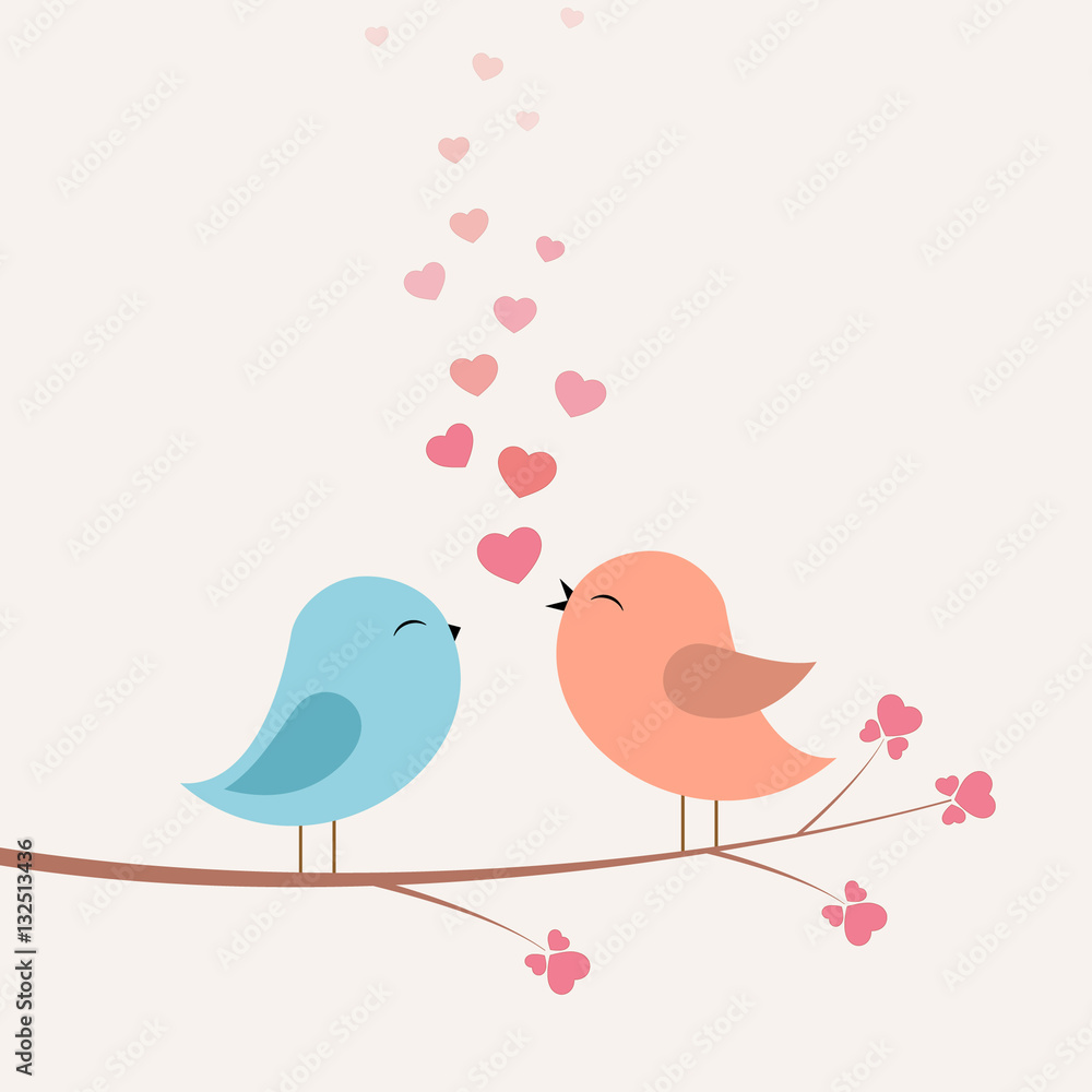 Birds with love and hearts on branch. 