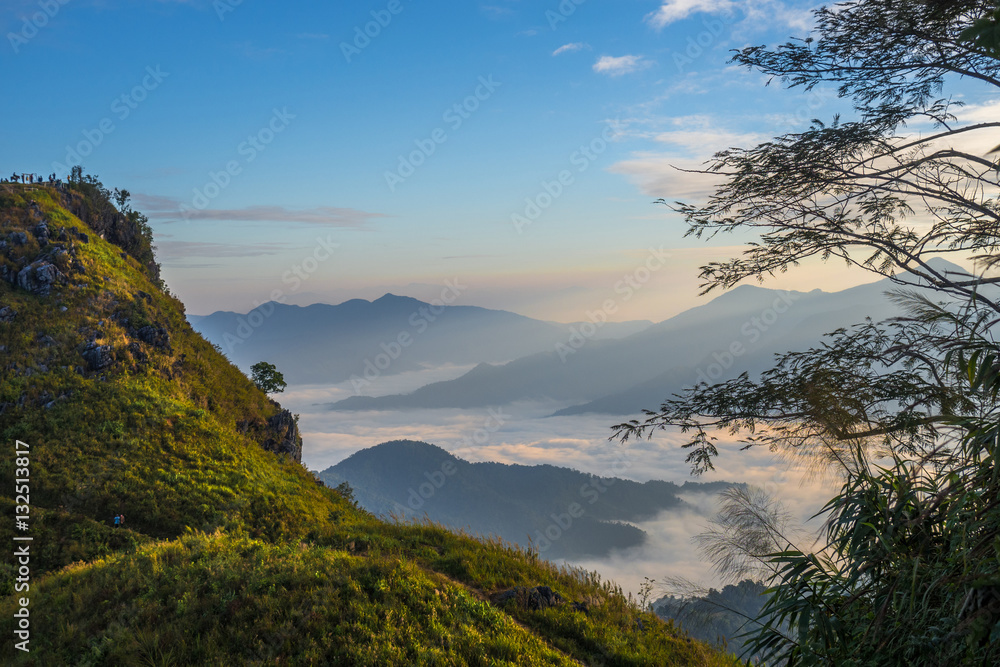 morning mountain view with sunbeam and haze at Doi Pha Tang, chiang rai, thailand..