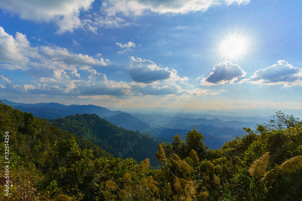 Scenery of mountains and sun rays in Tak province , Thailand