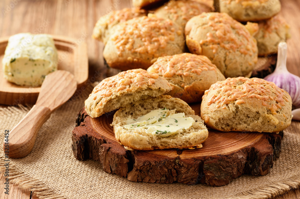 Homemade fresh bread buns with cheese and garlic butter. Homemade fresh bread buns with cheese and garlic butter.