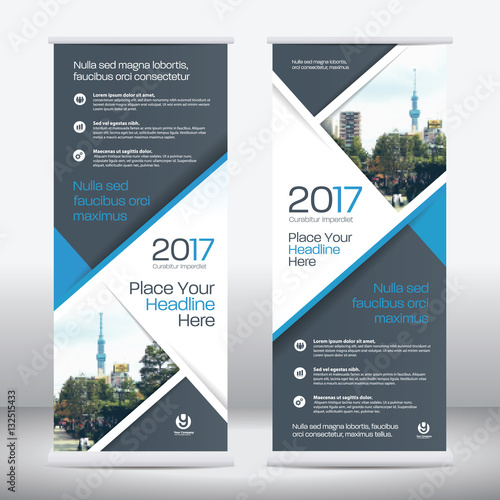 Blue Color Scheme with City Background Business Roll Up Design Template.Flag Banner Design. Can be adapt to Brochure, Annual Report, Magazine,Poster, Corporate Presentation, Portfolio, Flyer, Website