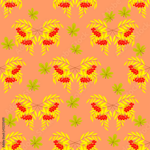 seamless pattern of branches with berries of mountain ash and autumn leaves. Autumn beautiful background