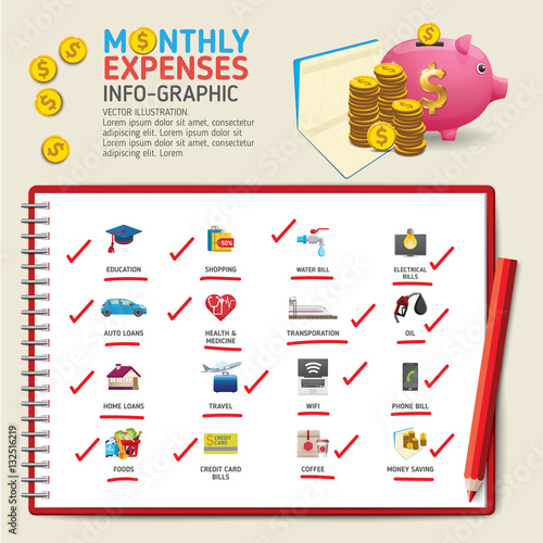 Monthly Expenses info-graphics concept. Use for business, marketing, creative, web design and graphics. Info-graphic inspire to drive your business project. Vector illustration. 