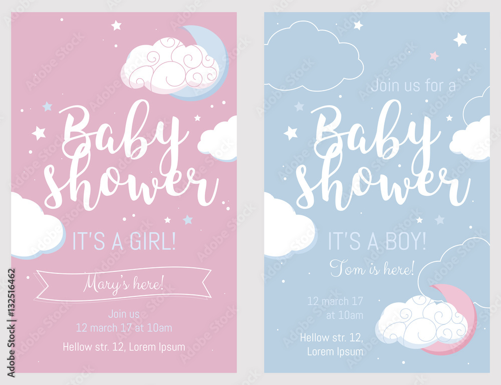 Baby shower set. Cute invitation cards for baby shower party. - obrazy, fototapety, plakaty 