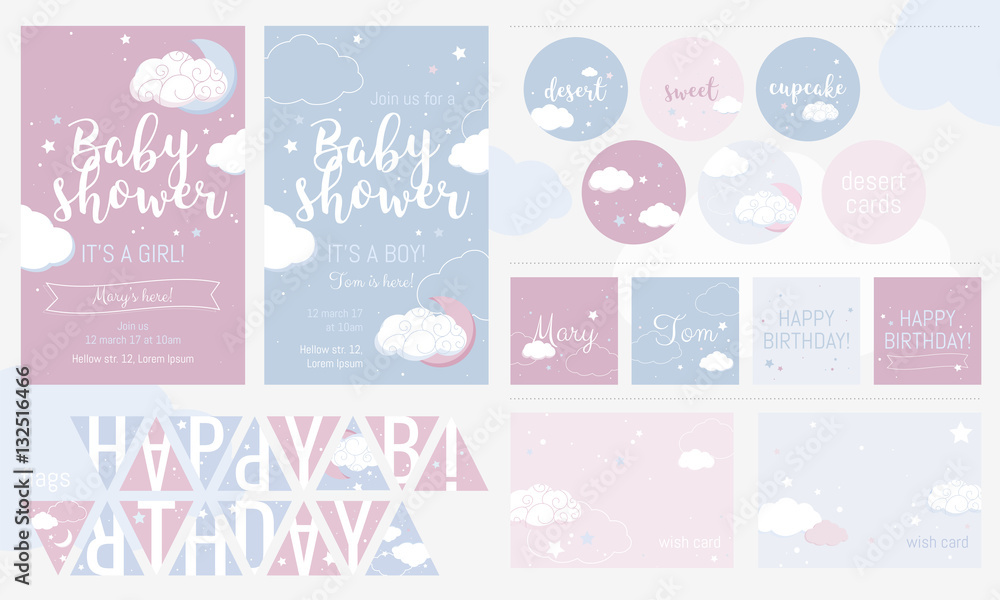 Cute invitation cards for baby shower and birthday party.